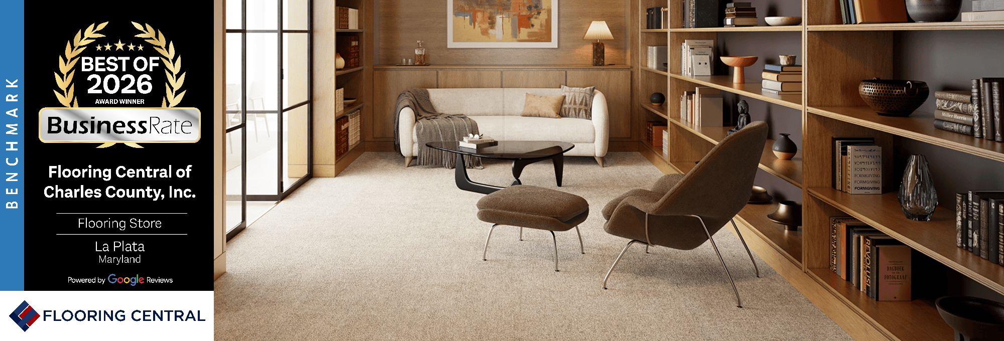 Anderson Tuftex carpet in a living room with wooden shelves.
